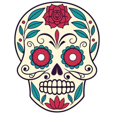 Süslü Calavera kafatası vektörü, geleneksel Da de los Muertos sanatından esinlenerek karmaşık çiçek desenleri ve kalp şeklinde elementler içerir. Bu detaylı tasarım kültürel zarafeti cesur dekorasyonla harmanlıyor, festival grafikleri ve el sanatları için ideal., 