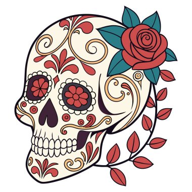 Süslü Calavera kafatası vektörü, geleneksel Da de los Muertos sanatından esinlenerek karmaşık çiçek desenleri ve kalp şeklinde elementler içerir. Bu detaylı tasarım kültürel zarafeti cesur dekorasyonla harmanlıyor, festival grafikleri ve el sanatları için ideal., 