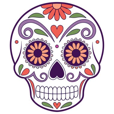 Süslü Calavera kafatası vektörü, geleneksel Da de los Muertos sanatından esinlenerek karmaşık çiçek desenleri ve kalp şeklinde elementler içerir. Bu detaylı tasarım kültürel zarafeti cesur dekorasyonla harmanlıyor, festival grafikleri ve el sanatları için ideal., 