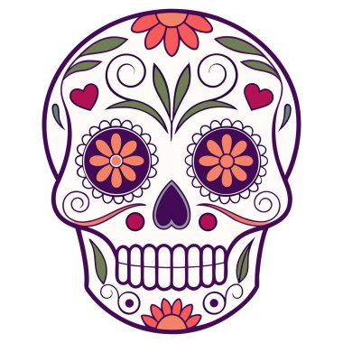 Süslü Calavera kafatası vektörü, geleneksel Da de los Muertos sanatından esinlenerek karmaşık çiçek desenleri ve kalp şeklinde elementler içerir. Bu detaylı tasarım kültürel zarafeti cesur dekorasyonla harmanlıyor, festival grafikleri ve el sanatları için ideal., 