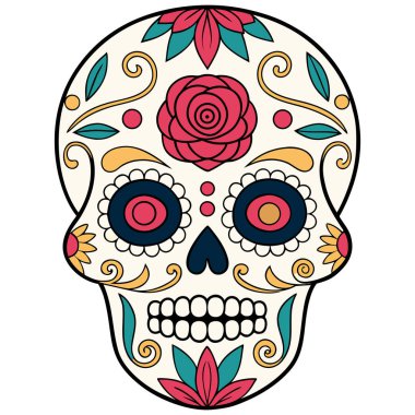 Yaşayan şeker kafatası çizimi Ölüler Günü tasarımları için yapılmış, koyu renkler ve süslü detaylar içeriyor. Bayramlık markalar, eğitim malzemeleri, temalı dekorlar ve kültürel ürünler için ideal. Yüksek çözünürlüklü vektör formunda iletilir