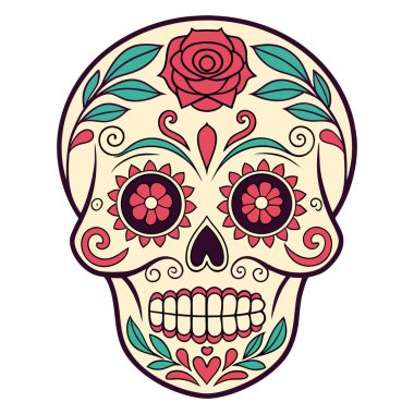 Yaşayan şeker kafatası çizimi Ölüler Günü tasarımları için yapılmış, koyu renkler ve süslü detaylar içeriyor. Bayramlık markalar, eğitim malzemeleri, temalı dekorlar ve kültürel ürünler için ideal. Yüksek çözünürlüklü vektör formunda iletilir
