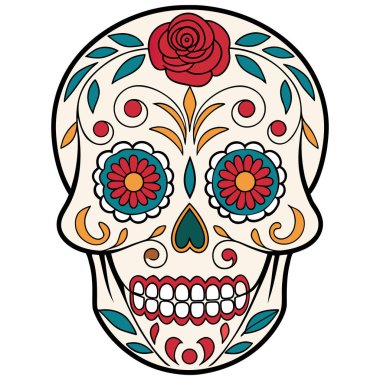Yaşayan şeker kafatası çizimi Ölüler Günü tasarımları için yapılmış, koyu renkler ve süslü detaylar içeriyor. Bayramlık markalar, eğitim malzemeleri, temalı dekorlar ve kültürel ürünler için ideal. Yüksek çözünürlüklü vektör formunda iletilir