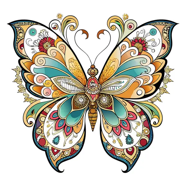 Karmaşık kanat desenleri ve canlı renkler içeren canlı bir kelebek çizimi. Dekoratif duvar sanatı, baskı tasarımı, kırtasiye malzemeleri ve ev aksanları için ideal. Bu vektör çizimi, doğadan esinlenilmiş temalara zarafet ve cazibe getirir.
