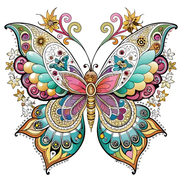 Karmaşık kanat desenleri ve canlı renkler içeren canlı bir kelebek çizimi. Dekoratif duvar sanatı, baskı tasarımı, kırtasiye malzemeleri ve ev aksanları için ideal. Bu vektör çizimi, doğadan esinlenilmiş temalara zarafet ve cazibe getirir.