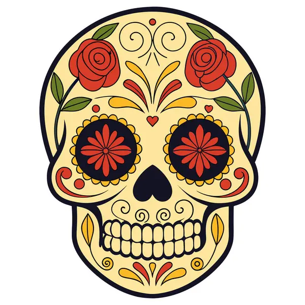 Çiçek desenli, yeşil yapraklar ve canlı kırmızı güllerle çerçevelenmiş kafatası şekeri. Da de los Muertos geleneklerine bir övgü, bu tasarım çarpıcı görsel etki için cesur desenleri, simetrik unsurları ve şenlikli renkleri harmanlıyor.. 