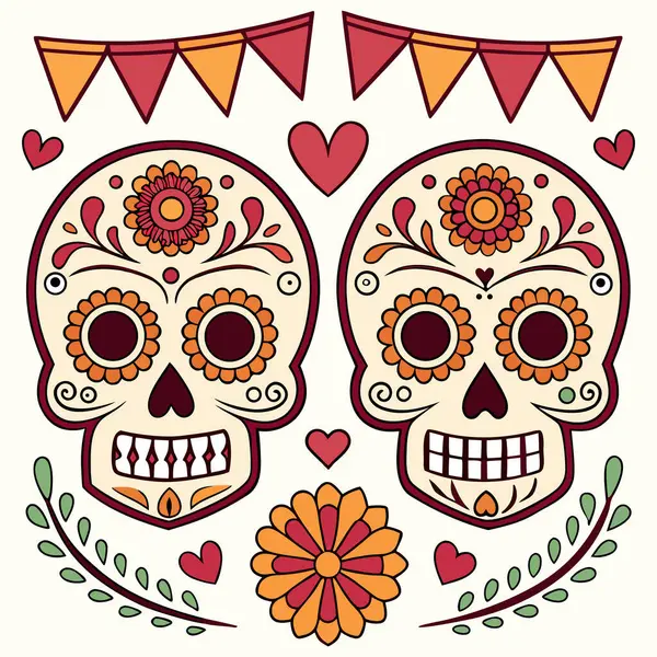 Da de los Muertos 'tan esinlenilmiş canlı şeker kafatası çizimi. Karmaşık çiçek desenleri ve şenlikli renklerle süslenmiş. Meksika kültürel kutlamaları, markalaşma, dekoratif basım ve mevsimlik ürünler için mükemmel. Sağlanan 