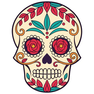 Yaşayan şeker kafatası çizimi Ölüler Günü tasarımları için yapılmış, koyu renkler ve süslü detaylar içeriyor. Bayramlık markalar, eğitim malzemeleri, temalı dekorlar ve kültürel ürünler için ideal. Yüksek çözünürlüklü vektör formunda iletilir