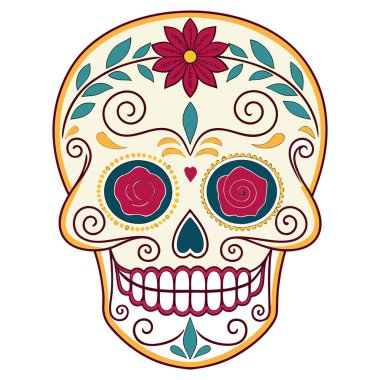 Yaşayan şeker kafatası çizimi Ölüler Günü tasarımları için yapılmış, koyu renkler ve süslü detaylar içeriyor. Bayramlık markalar, eğitim malzemeleri, temalı dekorlar ve kültürel ürünler için ideal. Yüksek çözünürlüklü vektör formunda iletilir