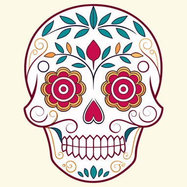 Zarif çiçek şekerli kafatası çizimi Cadılar Bayramı çekiciliğiyle Ölüler Günü geleneğini harmanlıyor. Karmaşık botanik motifler ve canlı renkler mevsimlik el sanatları, eğitim baskıları, temalı ürünler ve kültürel tasarım projeleri için mükemmel.