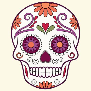 Zarif çiçek şekerli kafatası çizimi Cadılar Bayramı çekiciliğiyle Ölüler Günü geleneğini harmanlıyor. Karmaşık botanik motifler ve canlı renkler mevsimlik el sanatları, eğitim baskıları, temalı ürünler ve kültürel tasarım projeleri için mükemmel.