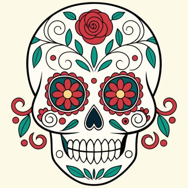Zarif çiçek şekerli kafatası çizimi Cadılar Bayramı çekiciliğiyle Ölüler Günü geleneğini harmanlıyor. Karmaşık botanik motifler ve canlı renkler mevsimlik el sanatları, eğitim baskıları, temalı ürünler ve kültürel tasarım projeleri için mükemmel.