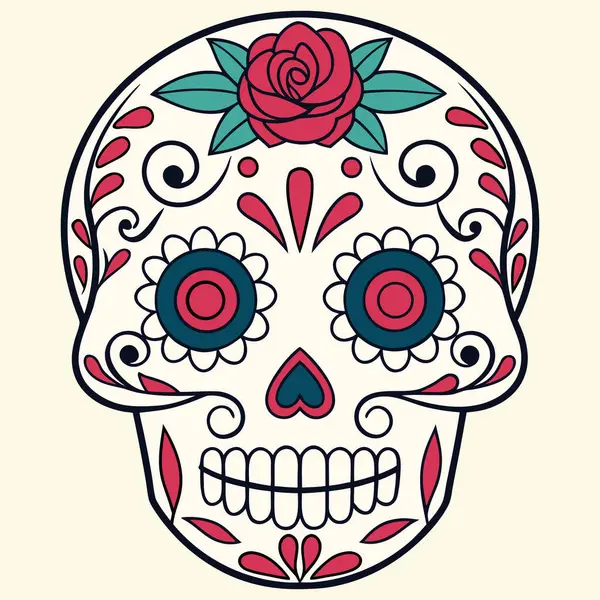 Zarif çiçek şekerli kafatası çizimi Cadılar Bayramı çekiciliğiyle Ölüler Günü geleneğini harmanlıyor. Karmaşık botanik motifler ve canlı renkler mevsimlik el sanatları, eğitim baskıları, temalı ürünler ve kültürel tasarım projeleri için mükemmel.