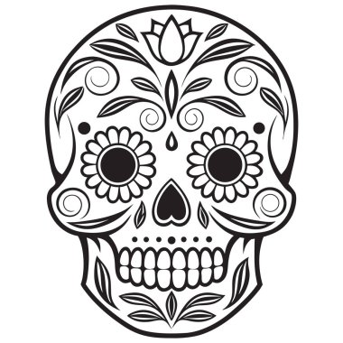 Bu çarpıcı siyah-beyaz kafatası çizimi, kalp şeklinde göz çukurları, süslü çiçek desenleri ve dönen dekoratif elementlerle süslenmiş simetrik bir tasarıma sahiptir. Da de los Muertos geleneklerinden esinlenerek, kültürel olarak harmanlanır. 