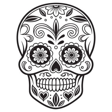 Bu çarpıcı siyah-beyaz kafatası çizimi, kalp şeklinde göz çukurları, süslü çiçek desenleri ve dönen dekoratif elementlerle süslenmiş simetrik bir tasarıma sahiptir. Da de los Muertos geleneklerinden esinlenerek, kültürel olarak harmanlanır. 