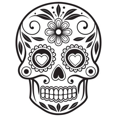 Bu çarpıcı siyah-beyaz kafatası çizimi, kalp şeklinde göz çukurları, süslü çiçek desenleri ve dönen dekoratif elementlerle süslenmiş simetrik bir tasarıma sahiptir. Da de los Muertos geleneklerinden esinlenerek, kültürel olarak harmanlanır. 