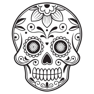 Bu çarpıcı siyah-beyaz kafatası çizimi, kalp şeklinde göz çukurları, süslü çiçek desenleri ve dönen dekoratif elementlerle süslenmiş simetrik bir tasarıma sahiptir. Da de los Muertos geleneklerinden esinlenerek, kültürel olarak harmanlanır. 