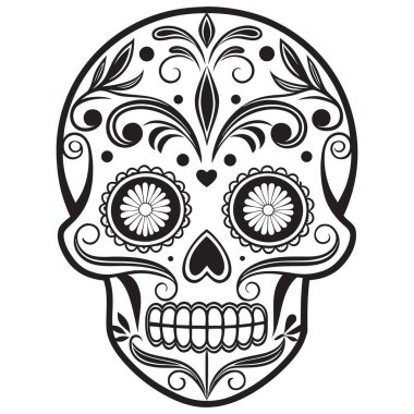 Bu çarpıcı siyah-beyaz kafatası çizimi, kalp şeklinde göz çukurları, süslü çiçek desenleri ve dönen dekoratif elementlerle süslenmiş simetrik bir tasarıma sahiptir. Da de los Muertos geleneklerinden esinlenerek, kültürel olarak harmanlanır. 