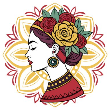 Bu zarif illüstrasyonda canlı kırmızı ve sarı güller, süslü küpeler ve zengin desenli etnik kıyafetlerle süslenmiş geleneksel bir kadın profili sergileniyor. Etrafı çiçek ve yaprak motifleriyle dekoratif dairesel çerçevelerle çevrili. 