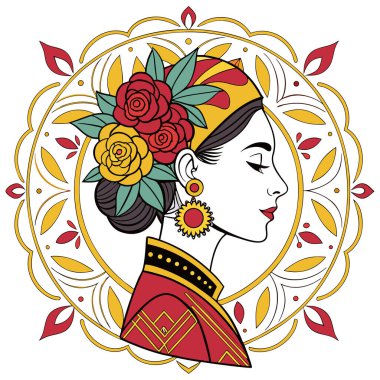 Bu zarif illüstrasyonda canlı kırmızı ve sarı güller, süslü küpeler ve zengin desenli etnik kıyafetlerle süslenmiş geleneksel bir kadın profili sergileniyor. Etrafı çiçek ve yaprak motifleriyle dekoratif dairesel çerçevelerle çevrili. 