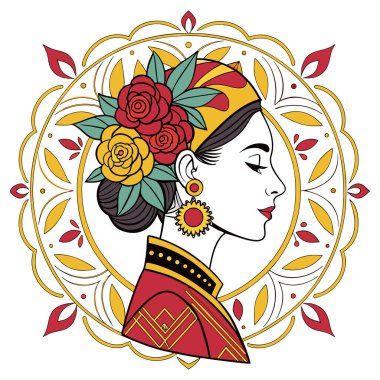 Bu zarif illüstrasyonda canlı kırmızı ve sarı güller, süslü küpeler ve zengin desenli etnik kıyafetlerle süslenmiş geleneksel bir kadın profili sergileniyor. Etrafı çiçek ve yaprak motifleriyle dekoratif dairesel çerçevelerle çevrili. 
