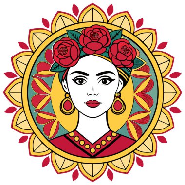 Bu zarif illüstrasyonda canlı kırmızı ve sarı güller, süslü küpeler ve zengin desenli etnik kıyafetlerle süslenmiş geleneksel bir kadın profili sergileniyor. Etrafı çiçek ve yaprak motifleriyle dekoratif dairesel çerçevelerle çevrili. 