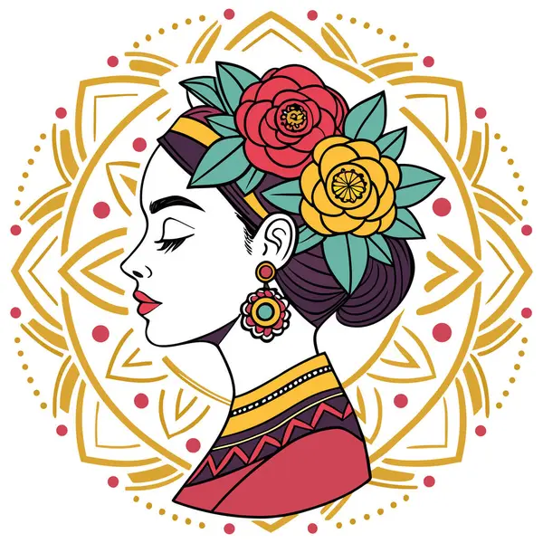 Bu zarif illüstrasyonda canlı kırmızı ve sarı güller, süslü küpeler ve zengin desenli etnik kıyafetlerle süslenmiş geleneksel bir kadın profili sergileniyor. Etrafı çiçek ve yaprak motifleriyle dekoratif dairesel çerçevelerle çevrili. 
