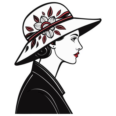 Siyah ceketli, geniş kenarlı çiçekli bir şapka takan, çarpıcı bir sanatsal efekt için koyu siyah, beyaz ve kırmızı aksanlı birinin minimalist çizimi..