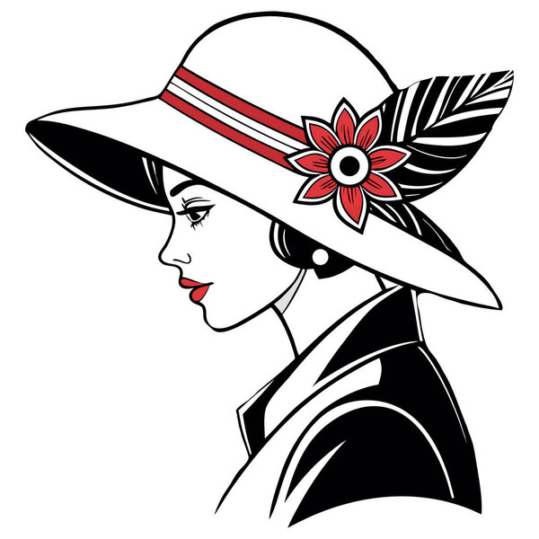 Минималистская иллюстрация человека в черном пальто в широкополой цветочной шляпе, с яркими черными, белыми и красными акцентами для яркого художественного эффекта.