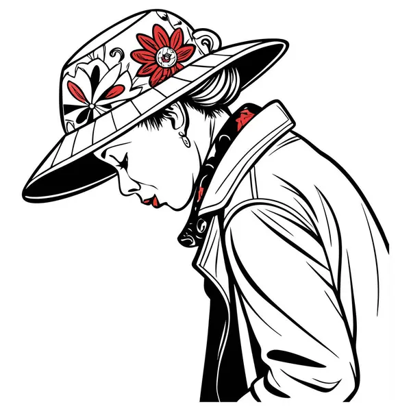 Siyah ceketli, geniş kenarlı çiçekli bir şapka takan, çarpıcı bir sanatsal efekt için koyu siyah, beyaz ve kırmızı aksanlı birinin minimalist çizimi..