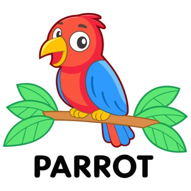 Bu renkli papağan çizimi, eğitici ve çocuk dostu tasarımlar için mükemmel yapraklı bir dala tünemiş neşeli bir kuşu gösteriyor. Aşağıdaki canlı kırmızı, mavi ve sarı tonlar ve kalın 