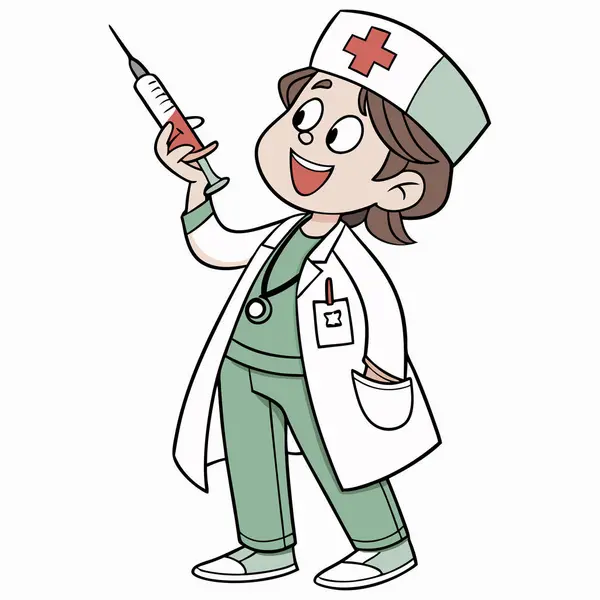 Şırıngalı bir hemşire üniformalı, dost canlısı bir sağlık görevlisini sunuyor. Hastane broşürleri, eğitim afişleri, sağlık kampanyaları ve dijital sağlık projeleri için ideal. Yüksek çözünürlüklü, düzenlenebilir vektör pediatri için mükemmel