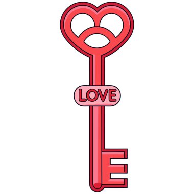 Bu dijital illüstrasyon, aşk ve duygusal bağlantıyı sembolize eden kalp şeklinde yaylı kırmızı bir anahtar içeriyor. Anahtarın yanında kırmızı tonlarda 