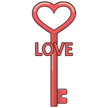 Bu dijital illüstrasyon, aşk ve duygusal bağlantıyı sembolize eden kalp şeklinde yaylı kırmızı bir anahtar içeriyor. Anahtarın yanında kırmızı tonlarda 