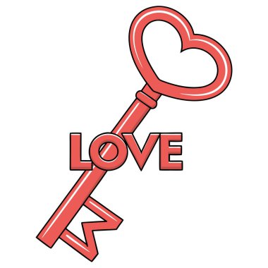 Bu dijital illüstrasyon, aşk ve duygusal bağlantıyı sembolize eden kalp şeklinde yaylı kırmızı bir anahtar içeriyor. Anahtarın yanında kırmızı tonlarda 