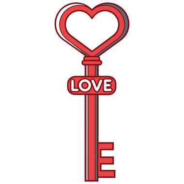 Bu dijital illüstrasyon, aşk ve duygusal bağlantıyı sembolize eden kalp şeklinde yaylı kırmızı bir anahtar içeriyor. Anahtarın yanında kırmızı tonlarda 