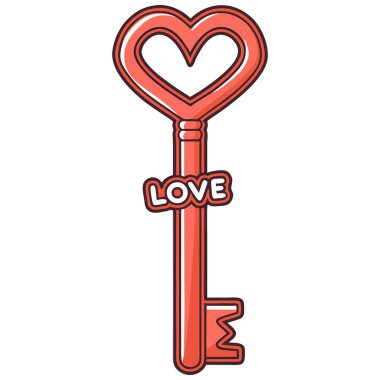 Bu dijital illüstrasyon, aşk ve duygusal bağlantıyı sembolize eden kalp şeklinde yaylı kırmızı bir anahtar içeriyor. Anahtarın yanında kırmızı tonlarda 