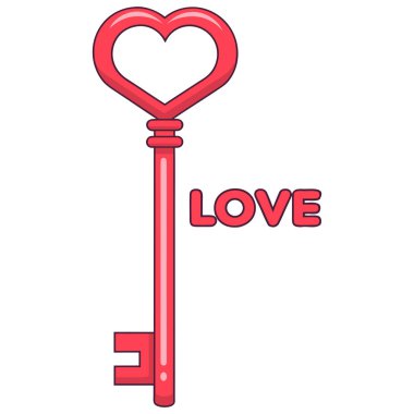 Bu dijital illüstrasyon, aşk ve duygusal bağlantıyı sembolize eden kalp şeklinde yaylı kırmızı bir anahtar içeriyor. Anahtarın yanında kırmızı tonlarda 