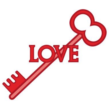 Bu dijital illüstrasyon, aşk ve duygusal bağlantıyı sembolize eden kalp şeklinde yaylı kırmızı bir anahtar içeriyor. Anahtarın yanında kırmızı tonlarda 