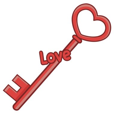 Bu dijital illüstrasyon, aşk ve duygusal bağlantıyı sembolize eden kalp şeklinde yaylı kırmızı bir anahtar içeriyor. Anahtarın yanında kırmızı tonlarda 