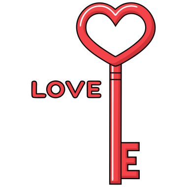 Bu dijital illüstrasyon, aşk ve duygusal bağlantıyı sembolize eden kalp şeklinde yaylı kırmızı bir anahtar içeriyor. Anahtarın yanında kırmızı tonlarda 