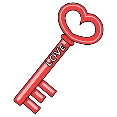Bu dijital illüstrasyon, aşk ve duygusal bağlantıyı sembolize eden kalp şeklinde yaylı kırmızı bir anahtar içeriyor. Anahtarın yanında kırmızı tonlarda 
