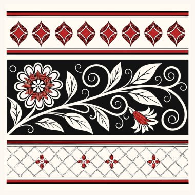 Zarif Art Nouveau çiçek deseni simetrik çiçek sütunları ve bej arka planda yapraklar içeriyor. Sıcak mercan, altın sarısı ve gök mavisi renkleriyle, bu pürüzsüz tasarım tekstil, duvar kâğıtları, kırtasiye malzemeleri için mükemmeldir., 