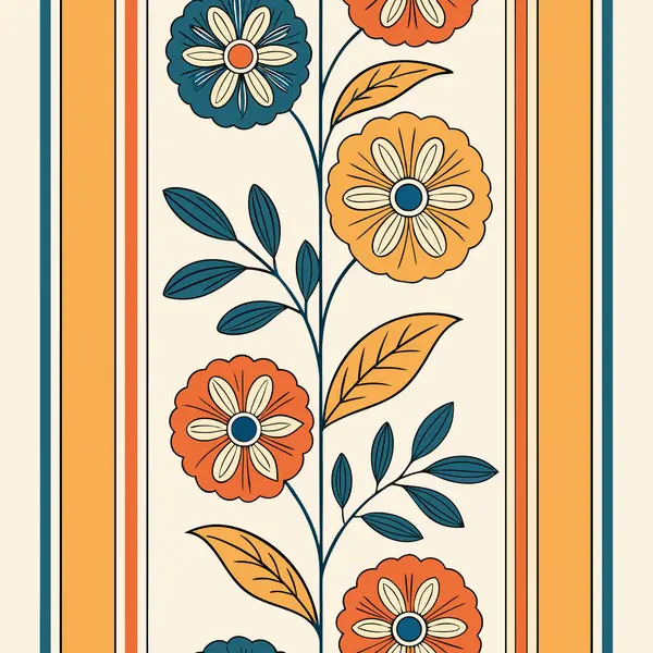 Zarif Art Nouveau çiçek deseni simetrik çiçek sütunları ve bej arka planda yapraklar içeriyor. Sıcak mercan, altın sarısı ve gök mavisi renkleriyle, bu pürüzsüz tasarım tekstil, duvar kâğıtları, kırtasiye malzemeleri için mükemmeldir., 