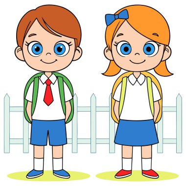 Oğlan ve kız, parlak yeşil sırt çantaları taşıyan beyaz gömlekli ve kırmızı kravatlı düzgün okul üniformaları giyiyorlar. Oğlanın kırmızı saçı ve mavi şortu, kızın ise büyük mavi yayı ve turuncu eteği var. Her iki karakter 