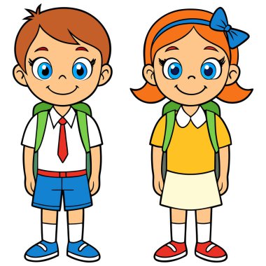Oğlan ve kız, parlak yeşil sırt çantaları taşıyan beyaz gömlekli ve kırmızı kravatlı düzgün okul üniformaları giyiyorlar. Oğlanın kırmızı saçı ve mavi şortu, kızın ise büyük mavi yayı ve turuncu eteği var. Her iki karakter 
