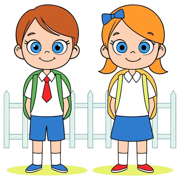 Oğlan ve kız, parlak yeşil sırt çantaları taşıyan beyaz gömlekli ve kırmızı kravatlı düzgün okul üniformaları giyiyorlar. Oğlanın kırmızı saçı ve mavi şortu, kızın ise büyük mavi yayı ve turuncu eteği var. Her iki karakter 