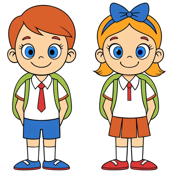 Oğlan ve kız, parlak yeşil sırt çantaları taşıyan beyaz gömlekli ve kırmızı kravatlı düzgün okul üniformaları giyiyorlar. Oğlanın kırmızı saçı ve mavi şortu, kızın ise büyük mavi yayı ve turuncu eteği var. Her iki karakter 