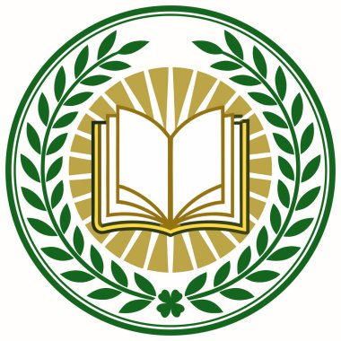 The central element is an open book, representing knowledge, set against a bright, gold/yellow sunburst or starburst background, which suggests illumination and discovery. The entire design is encircled by a dark green laurel wreath, which tradition