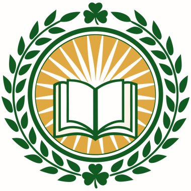 The central element is an open book, representing knowledge, set against a bright, gold/yellow sunburst or starburst background, which suggests illumination and discovery. The entire design is encircled by a dark green laurel wreath, which tradition